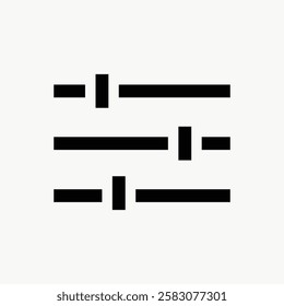 Minimalist icon of horizontal sliders on a white background, representing settings or adjustments. Simple design with three black lines and sliders. Computer icon vector.