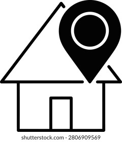 Minimalist icon of a house and location pin, representing real estate listing, home delivery service, or local residence finding applications.