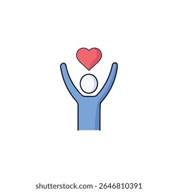 A minimalist icon of a human figure with arms raised and a red heart above the head, symbolizing wellness, self-love, happiness, joy, and emotional well-being.