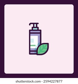 Minimalist icon illustration of cosmetic bottle and leaf for natural skincare