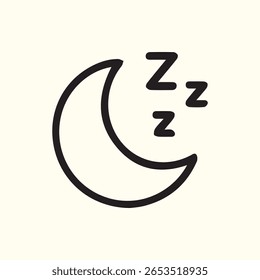 Uma ilustração minimalista com um ícone de lua crescente com zzz estilizado, representando o sono, o descanso e a noite.