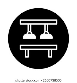 Illustration d'icône minimaliste mettant en scène une table avec des lampes suspendues sur fond solide circulaire noir et design abstrait
