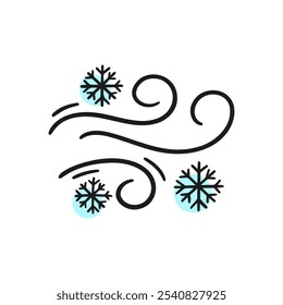 Minimalist icon illustration of swirling winter breeze with snowflakes, representing cold weather, winter season, and snowfall. Ideal for seasonal, climate, and weather-related designs