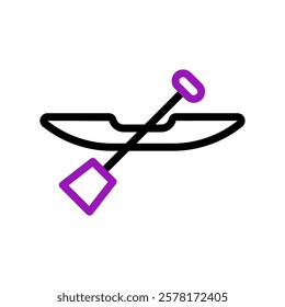 Minimalist icon of a kayak with a paddle in black and violet