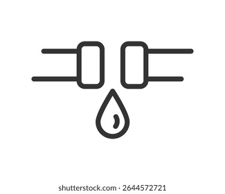 Ícone minimalista de um cano vazando com uma gota caindo, simbolizando problemas de encanamento, danos à água, necessidades de reparo ou manutenção. Uso para construção, indústria ou temas relacionados a serviços.