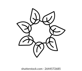 Minimalist icon of leaves arranged in a circle, symbolizing nature, growth, and ecology. Perfect for designs related to sustainability, organic products, or wellness.