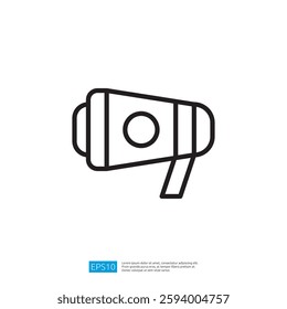 Minimalist Icon Of A Megaphone In Black Outline On White Backgrounds and Visuals. Communication Concept. Vector Icon
