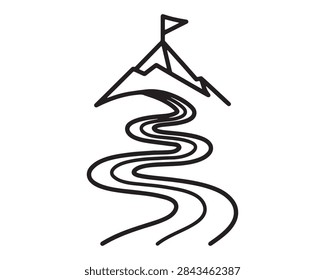 Minimalist icon of a mountain with a summit flag and winding path mountain peak goal achievement climbing path reaching target vector graphics range line art journey concept tracking