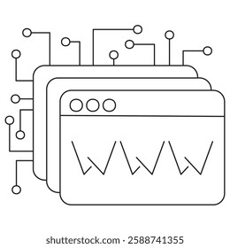 Minimalist icon of multiple web browser windows with a WWW symbol and digital circuit connections. A thin-line vector illustration on a transparent background. Line thickness is editable