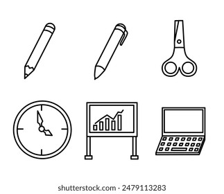 Minimalist icon of office tools such as pencil, pen, scissors, clock, blackboard, laptop, etc. Icons. Minimalist. Office. Business. 