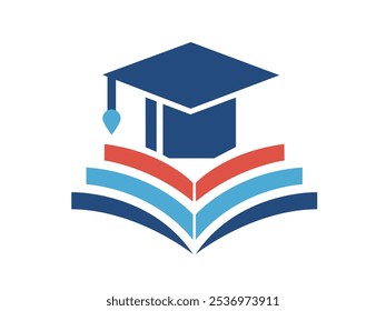 A minimalist icon of an open book with a graduation cap symbolizing education, knowledge, and academic success in blue and red.