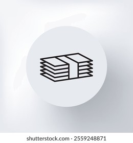 Minimalist icon of a pack of banknotes, paper money, on a light gray background.