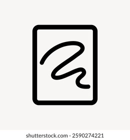 Minimalist icon of a paper with a squiggly line. Simple design, black line on white background. Represents document, paper, or note. Clean and modern style. User interface icon vector.