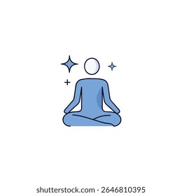 A minimalist icon of a person in a lotus meditation pose, surrounded by sparkling stars and a plus sign, symbolizing healing, inner peace, mindfulness, and positive energy.