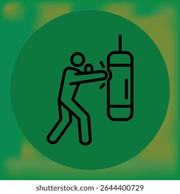 Minimalist icon of a person punching a heavy bag, captured mid-strike, with a green circle background—ideal for boxing, fitness, or strength training themes.