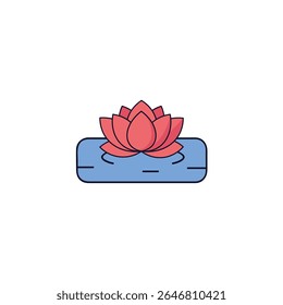 A minimalist icon of a pink lotus flower sitting on blue water with gentle ripples, symbolizing purity, serenity, peace, and spiritual awakening.