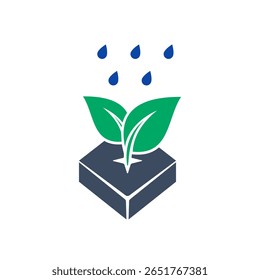 Ícone minimalista de uma planta com gotas de água caindo sobre ela, simbolizando hidratação, cuidado e cultivo ecoconsciente.