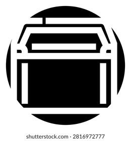 Minimalist icon presenting a graphic illustration of an aerial tramway cabin or gondola moving across a circular background, symbolizing travel, transportation, and mountain activities