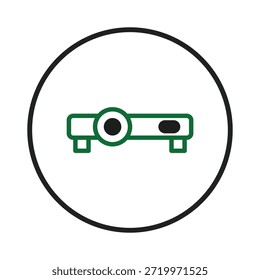 Um ícone minimalista de um projetor, delimitado por um círculo preto, representa um dispositivo de apresentação. Representa inovação tecnológica utilizada para a comunicação visual, muitas vezes aplicada nos negócios