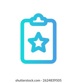 Ícone minimalista que representa a realização ou a qualidade com uma área de transferência e um símbolo de estrela, adequado para aplicativos de reconhecimento ou revisão.
