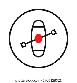 Ícone minimalista representando o caiaque, mostrando um caiaque e uma pá dentro de um círculo. Simboliza aventura ao ar livre, esportes aquáticos e uma conexão com a natureza, sugerindo o turismo recreativo e