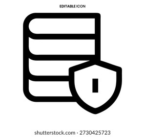 Un icono minimalista que representa el almacenamiento seguro de datos, combinando capas apiladas y un escudo.