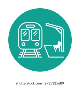A minimalist icon representing a train at a station platform with a bench under a shelter, symbolizing public transportation and travel.