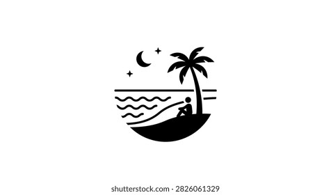 Minimalist icon of a serene beach scene at night with a lone figure contemplating the sea under a crescent moon.
