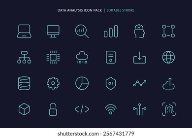 Minimalist icon set of 24 data analysis-themed vectors: laptops, cloud, AI, graphs. Neon blue stroke and editable stroke. UX UI design. Technology vector icons.