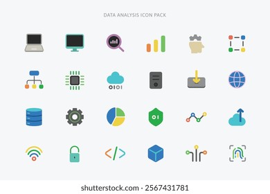 Minimalist icon set of 24 data analysis-themed vectors: laptops, cloud, AI, graphs. Neon blue stroke and editable stroke. UX UI design. Technology vector icons.