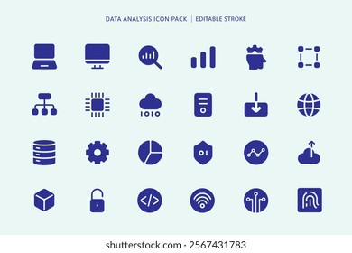 Minimalist icon set of 24 data analysis-themed vectors: laptops, cloud, AI, graphs. Neon blue stroke and editable stroke. UX UI design. Technology vector icons.