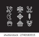 Minimalist icon set of ancient Slavic mythology symbols. White line art on a black background featuring pagan, nature, and folklore elements for design.