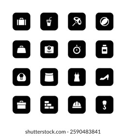 Minimalist icon set, black and white, user
interface symbols, arrows, play controls, grid
layouts, cube, refresh icon, directional arrows,
forward and backward buttons, square rounded
comers,