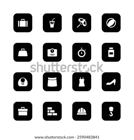 Minimalist icon set, black and white, user
interface symbols, arrows, play controls, grid
layouts, cube, refresh icon, directional arrows,
forward and backward buttons, square rounded
comers,