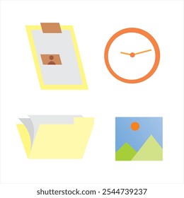 Minimalist icon set consisting of clipboard, clock, folder and image.Suitable for various purposes, such as presentations, websites, or graphic design.