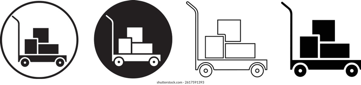 Minimalist icon set, delivery cart symbols, e-commerce logistics, black and white designs, simple geometric shapes, circular and square backgrounds	