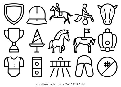 Minimalist icon set depicting equestrian sport and related elements in black and white