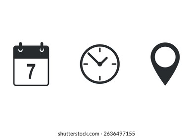 Minimalist icon set featuring calendar, clock, and location pin symbols. Ideal for event planning, RSVP forms, appointments, and booking systems in websites or apps.