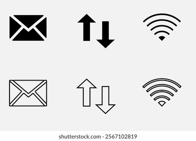 Minimalist Icon Set Featuring Email Envelope, Data Transfer Arrows, and WiFi Signal in Black and White for Digital Design