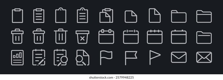 Minimalist icon set featuring folders, documents, and trash bins. Includes clipboard, calendar, and flag icons. Perfect for digital organization and design. User interface icons, UI icon vector set.