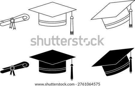 Minimalist icon set featuring graduation caps and diploma scrolls in black and white styles