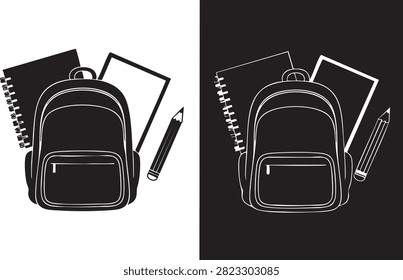 Minimalist icon set featuring a school backpack notebook and pencil representing academic learning and student life in simple black and white style