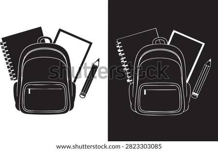 Minimalist icon set featuring a school backpack notebook and pencil representing academic learning and student life in simple black and white style