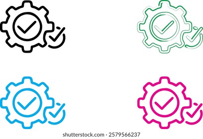 Minimalist icon set, gear with checkmark, arrow, efficiency symbols, line art, flat design, blue pink mint black colors, simple geometric shapes, tech icons, productivity concept, vector graphics, cle