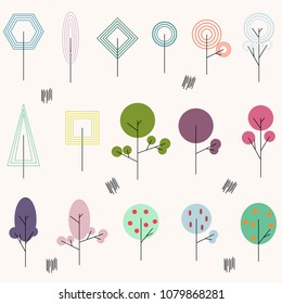 Minimalist icon set with geometric trees, forest in scandinavian style.  Simple flat fir-tree, oak, pine, fruit trees, linden, maple
poplar and other. Geometric vector elements for your design.