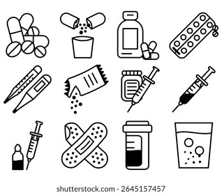 Ícone minimalista de ferramentas e suprimentos médicos — pílulas, seringas, termômetros, ataduras — em um fundo circular cinza, perfeito para temas de saúde.