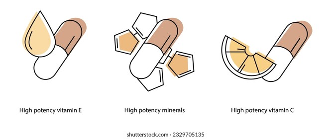 Minimalist icon set for medicine product packaging: high potency vitamin E, high potency minerals, high potency vitamin C