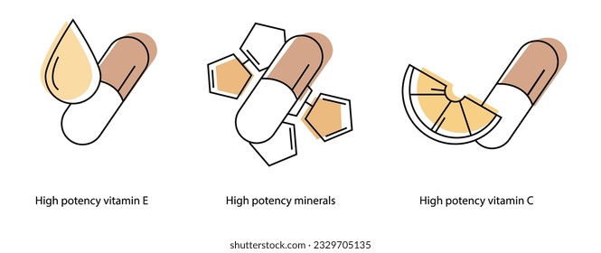 Conjunto de iconos minimalistas para el embalaje de medicamentos: vitamina E de alta potencia, minerales de alta potencia, vitamina C de alta potencia