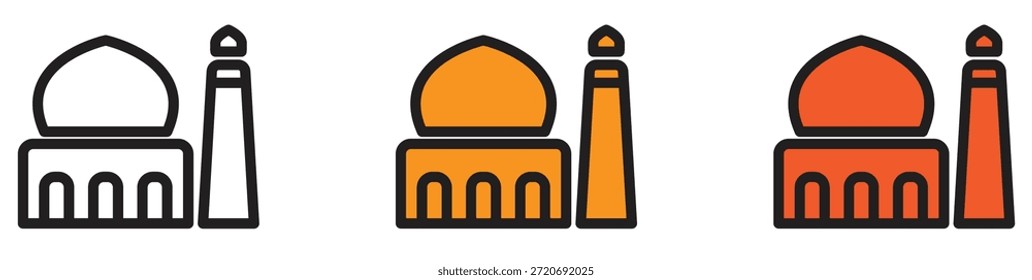 Conjunto de iconos minimalistas de una mezquita con una cúpula y un minarete en varios estilos