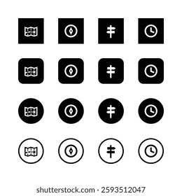 Minimalist icon set, navigation symbols, black and white, map, compass, signpost icon, clock, square, rounded square, circular, outlined, simple design, clean.